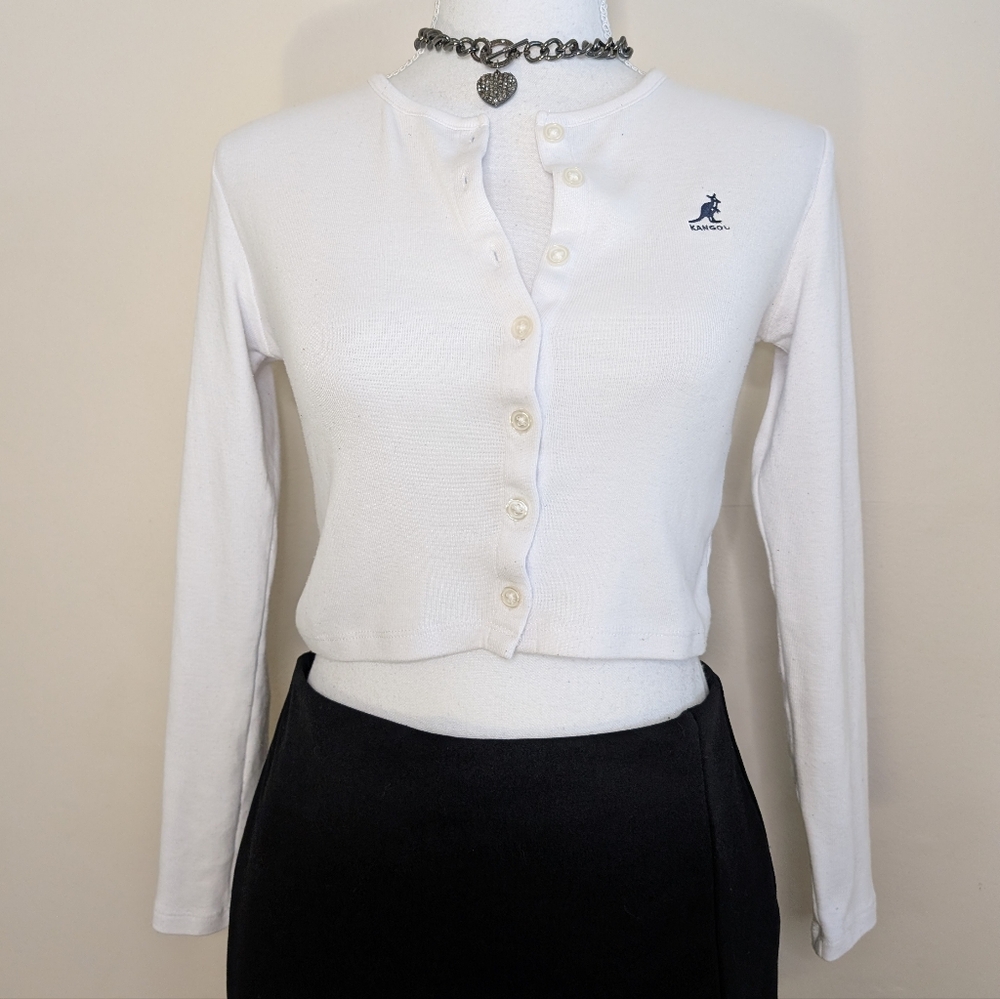 Kangol White Button-Up Cropped Cardigan With Embroidered Kangaroo Logo